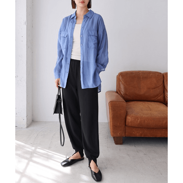 over size口袋透膚長袖襯衫_藍色