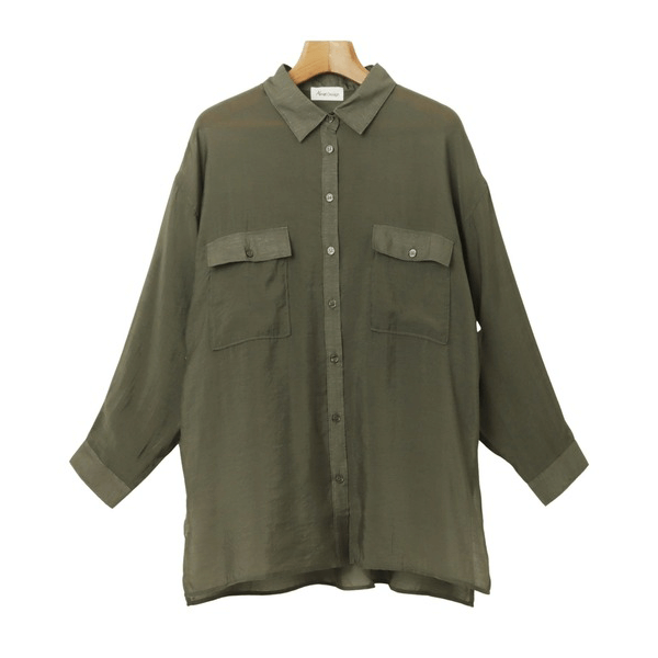 over size口袋透膚長袖襯衫_軍綠