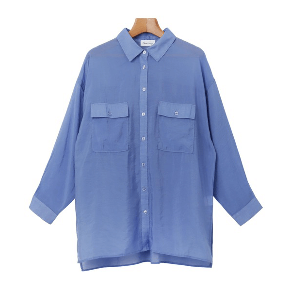 over size口袋透膚長袖襯衫_藍色