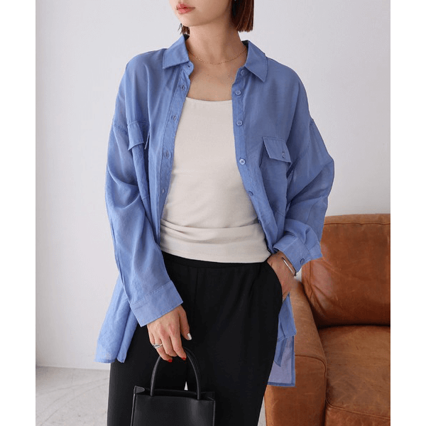 over size口袋透膚長袖襯衫_藍色