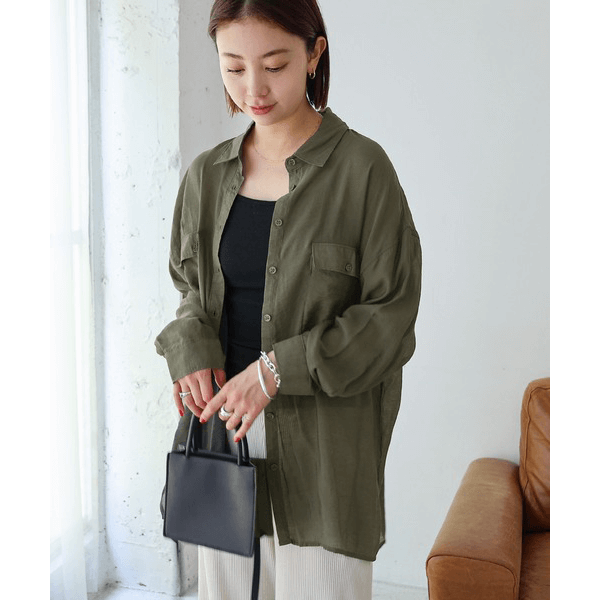 over size口袋透膚長袖襯衫_軍綠