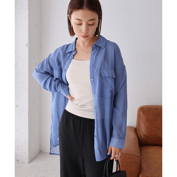 over size口袋透膚長袖襯衫_藍色