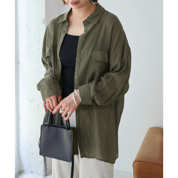 over size口袋透膚長袖襯衫_軍綠