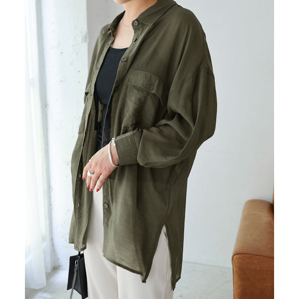 over size口袋透膚長袖襯衫_軍綠