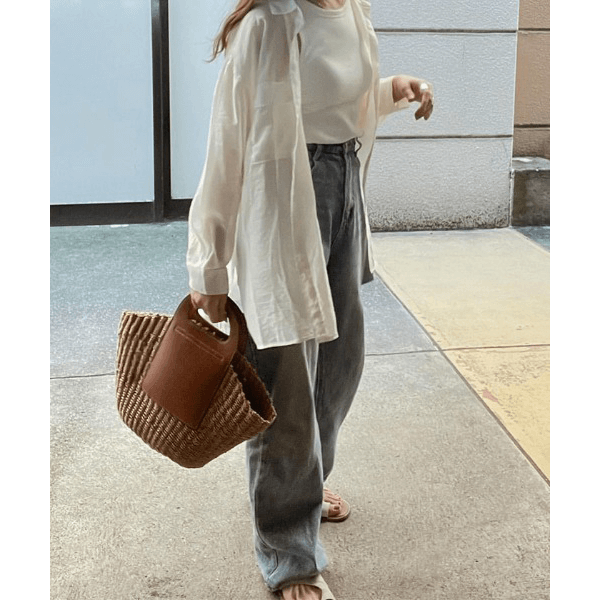 over size口袋透膚長袖襯衫_象牙