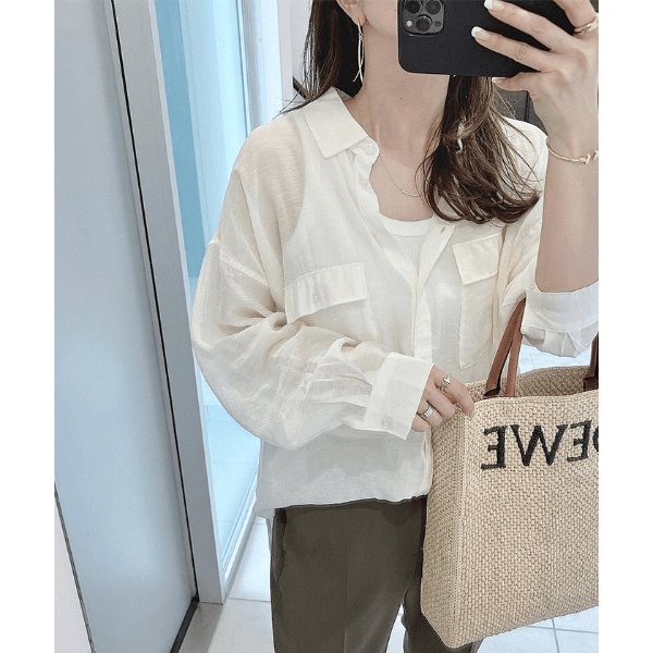 over size口袋透膚長袖襯衫_象牙