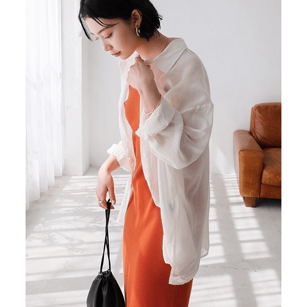 over size口袋透膚長袖襯衫_象牙