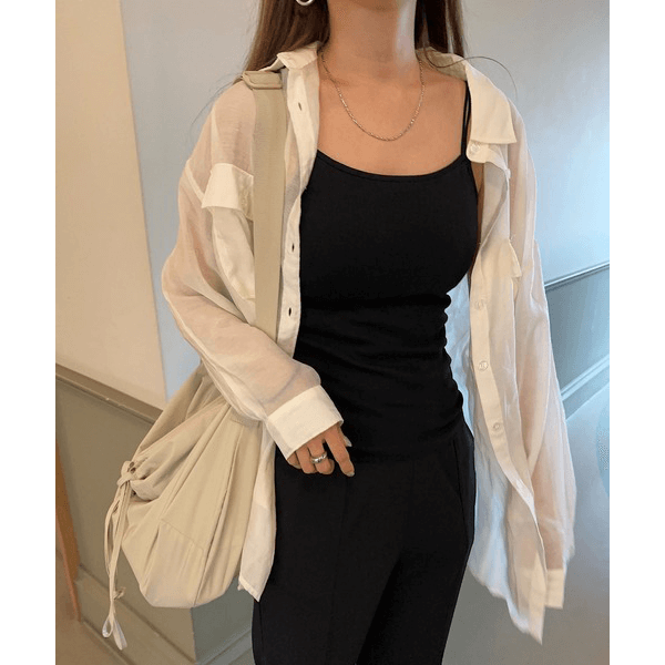 over size口袋透膚長袖襯衫_象牙