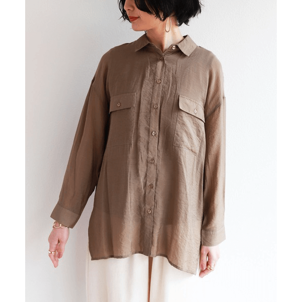 over size口袋透膚長袖襯衫_咖啡色