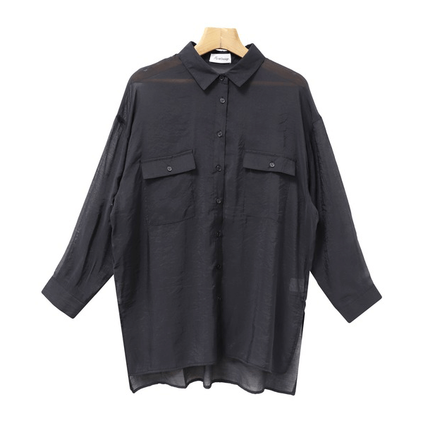 over size口袋透膚長袖襯衫_黑