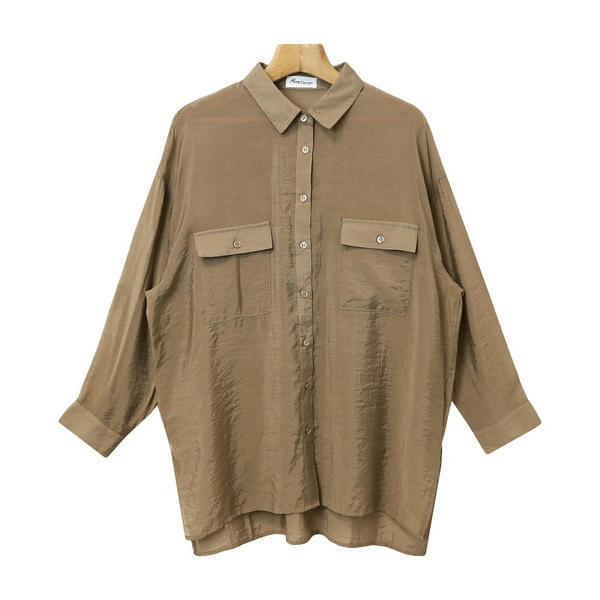 over size口袋透膚長袖襯衫_咖啡色