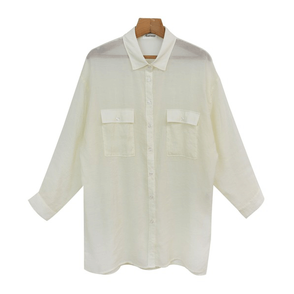 over size口袋透膚長袖襯衫_象牙