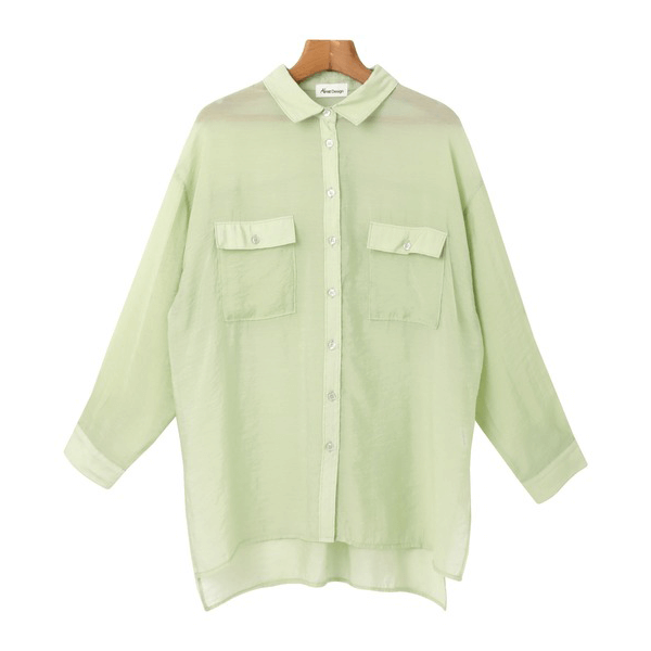 over size口袋透膚長袖襯衫_淺綠