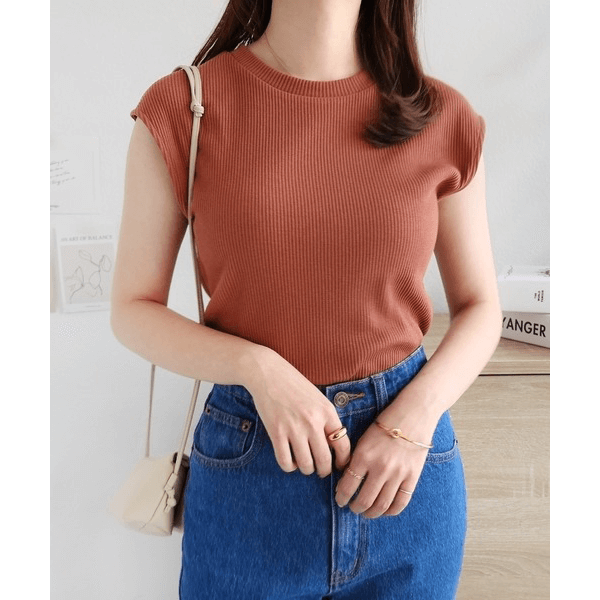 條紋針織圓領法式袖T_棕色