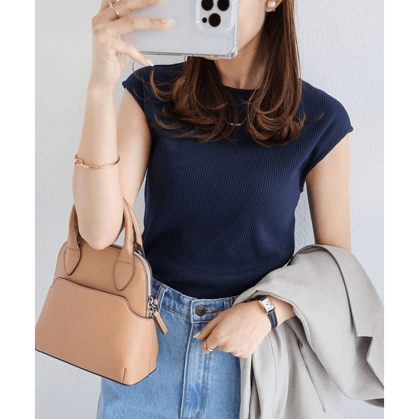 條紋針織圓領法式袖T_海軍藍