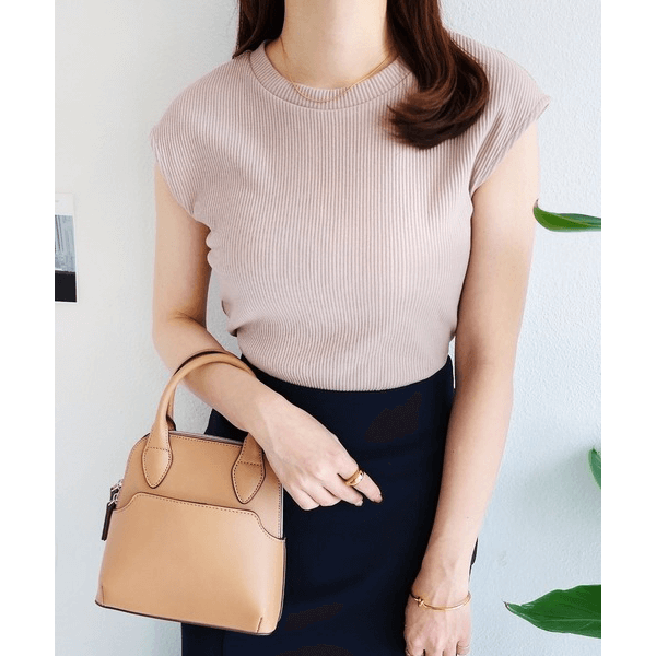 條紋針織圓領法式袖T_粉米色