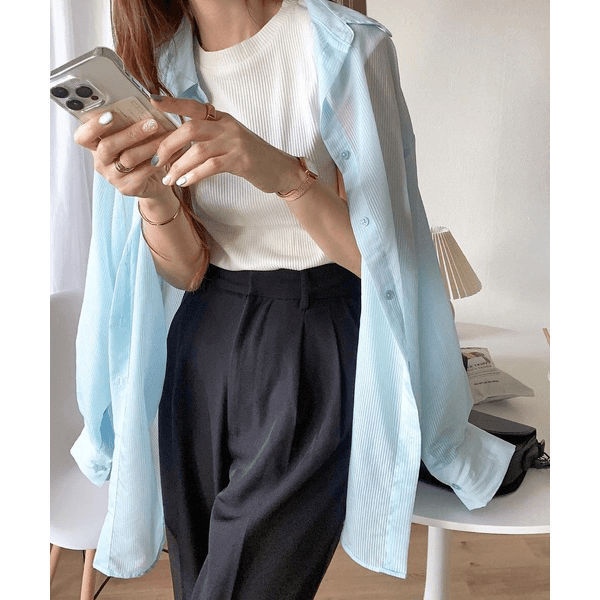 條紋針織圓領法式袖T_米白