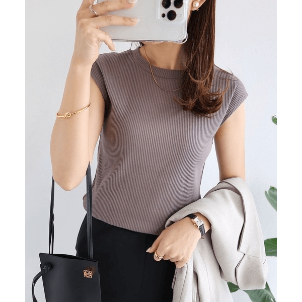 條紋針織圓領法式袖T_深灰