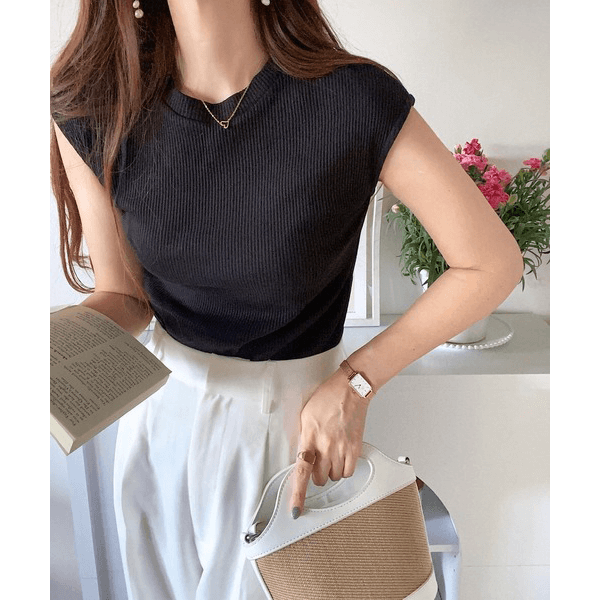 條紋針織圓領法式袖T_黑色