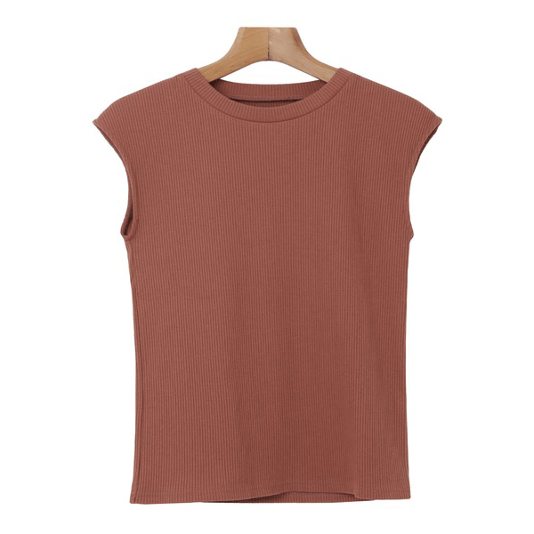 條紋針織圓領法式袖T_棕色