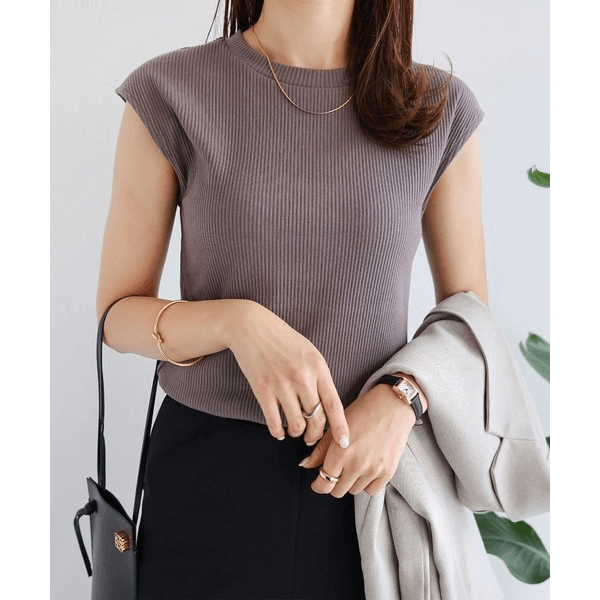 條紋針織圓領法式袖T_灰
