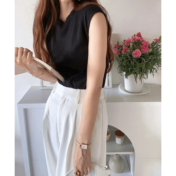 條紋針織圓領法式袖T_黑色