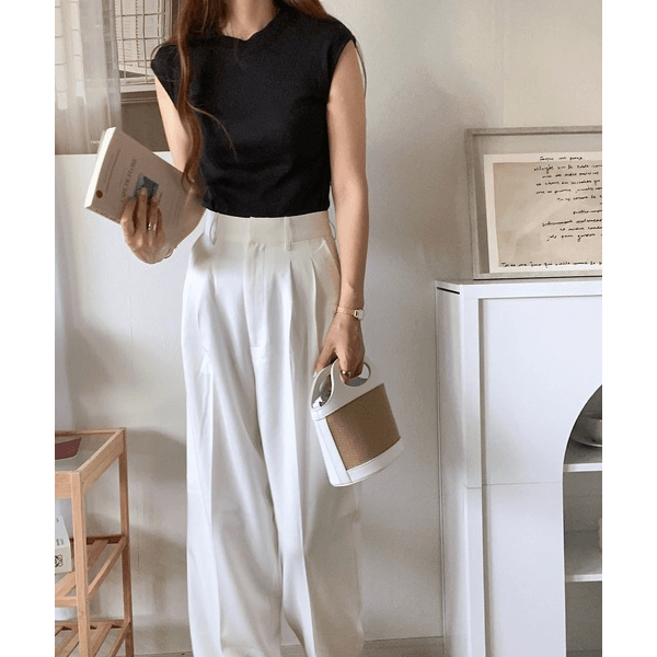 條紋針織圓領法式袖T_黑色