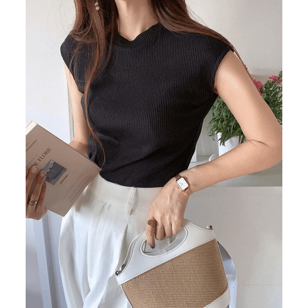 條紋針織圓領法式袖T_黑色