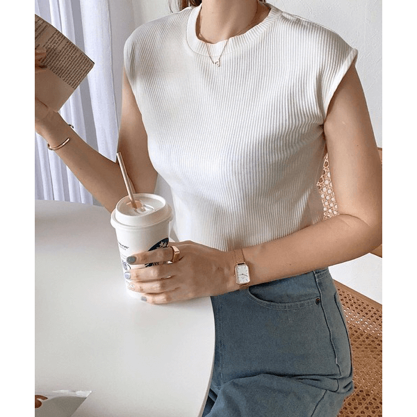 條紋針織圓領法式袖T_米白