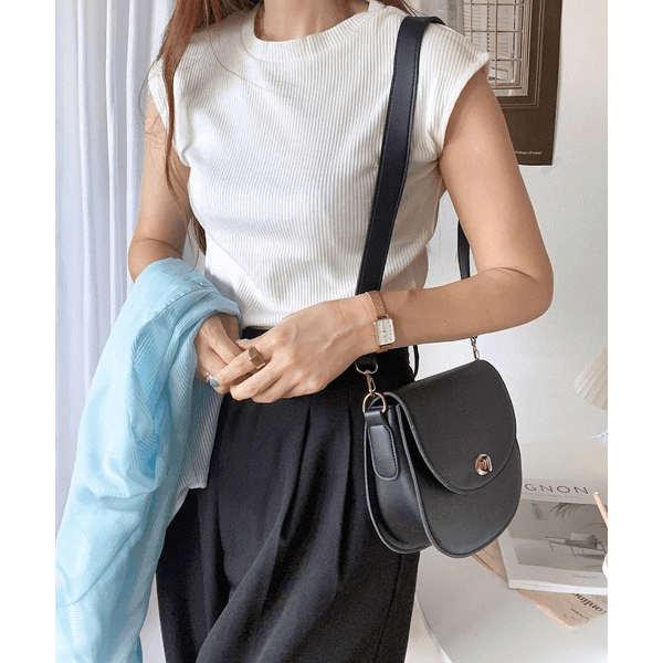 條紋針織圓領法式袖T_米白