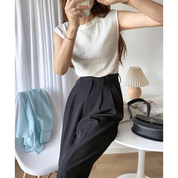 條紋針織圓領法式袖T_米白