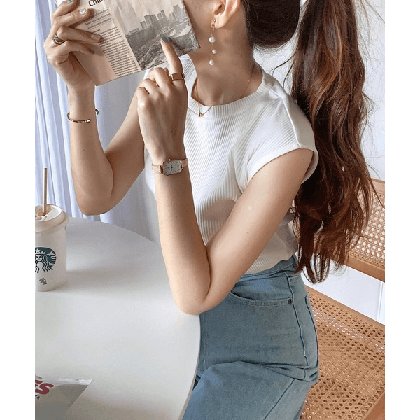 條紋針織圓領法式袖T_米白