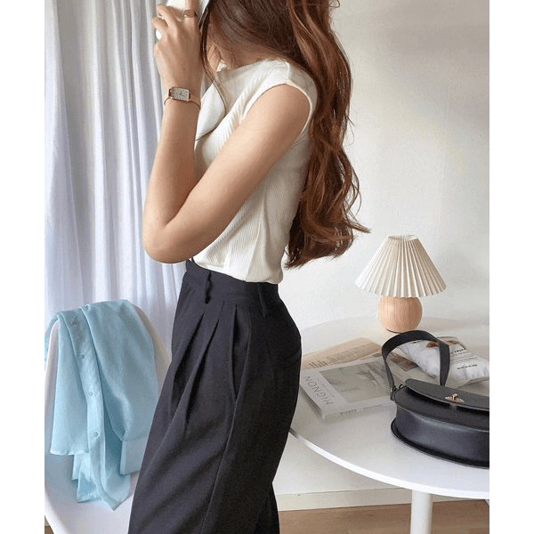 條紋針織圓領法式袖T_米白