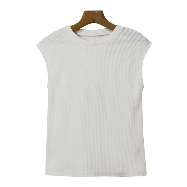 條紋針織圓領法式袖T_米白