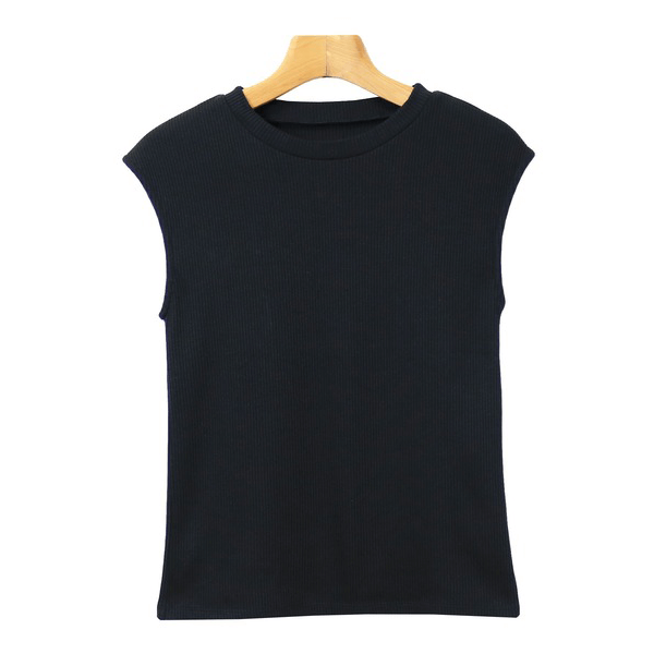 條紋針織圓領法式袖T_黑色