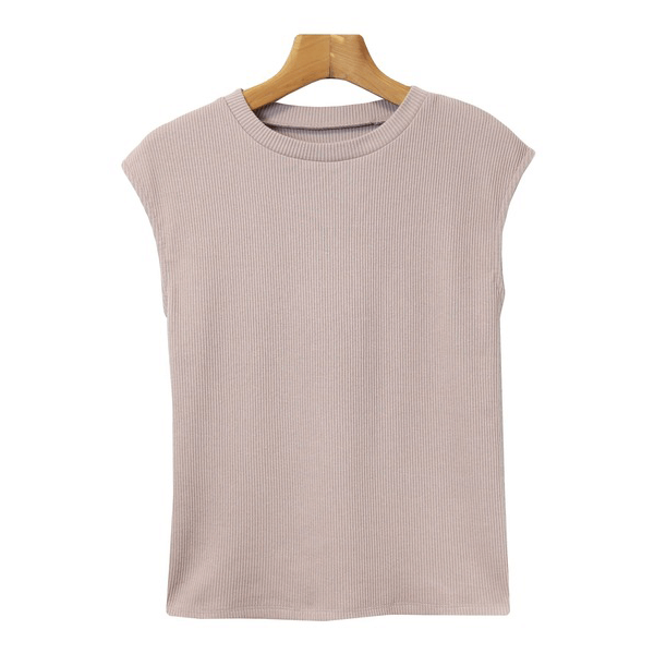 條紋針織圓領法式袖T_粉米色