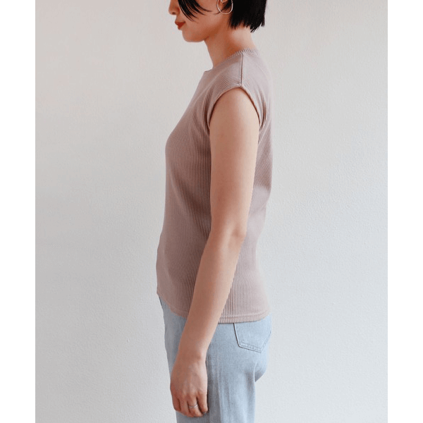 條紋針織圓領法式袖T_粉米色
