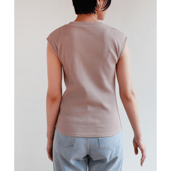 條紋針織圓領法式袖T_深灰