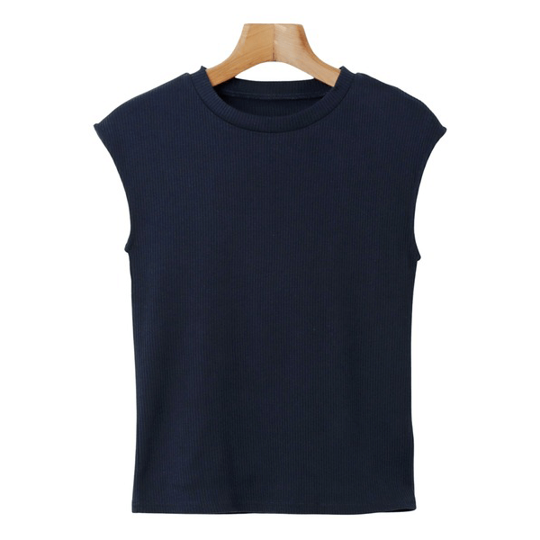 條紋針織圓領法式袖T_海軍藍