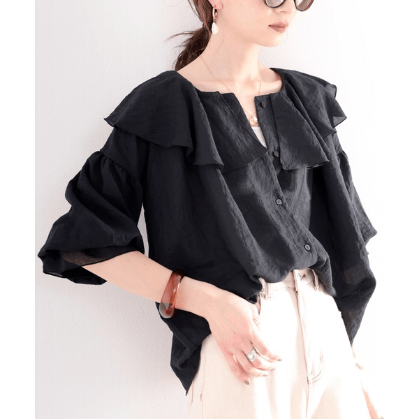 2WAY荷葉邊設計襯衫_黑