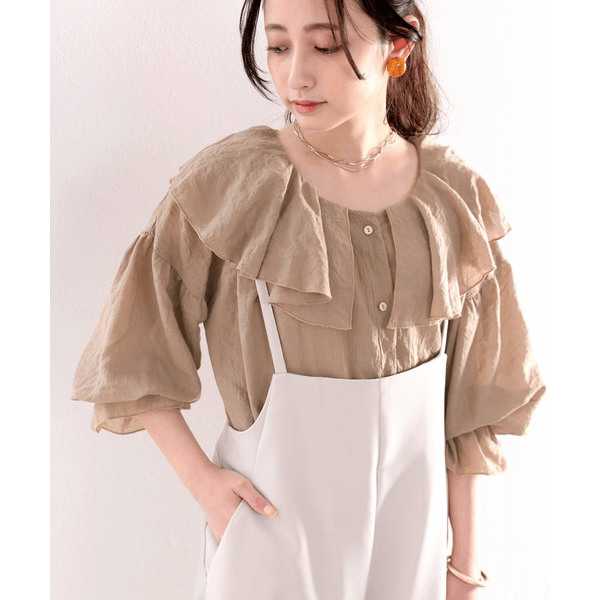 2WAY荷葉邊設計襯衫_摩卡