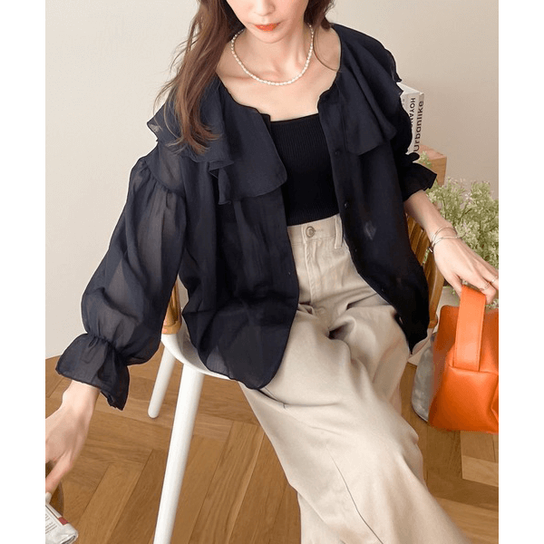 2WAY荷葉邊設計襯衫_黑