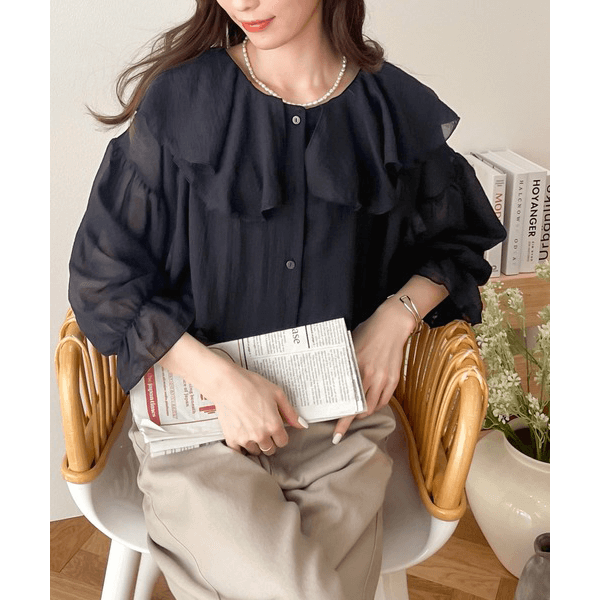 2WAY荷葉邊設計襯衫_黑