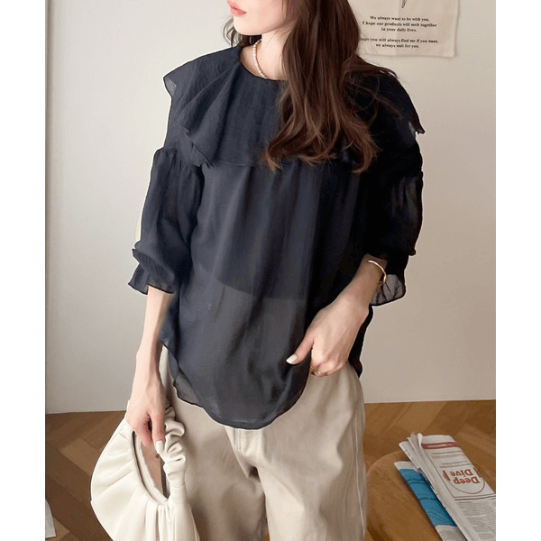 2WAY荷葉邊設計襯衫_黑