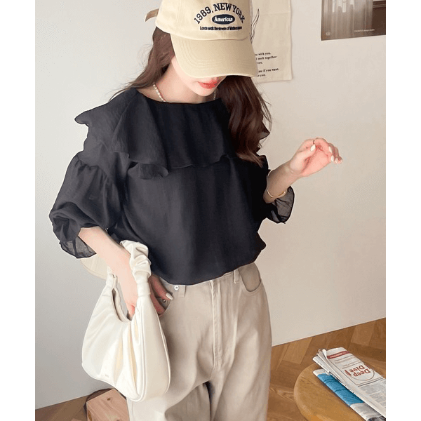 2WAY荷葉邊設計襯衫_黑