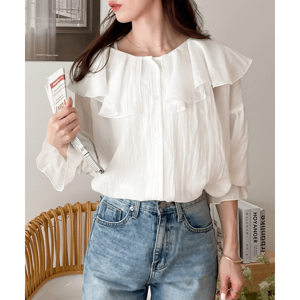 2WAY荷葉邊設計襯衫_白