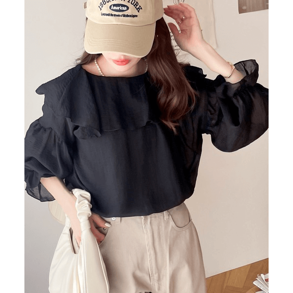 2WAY荷葉邊設計襯衫_黑