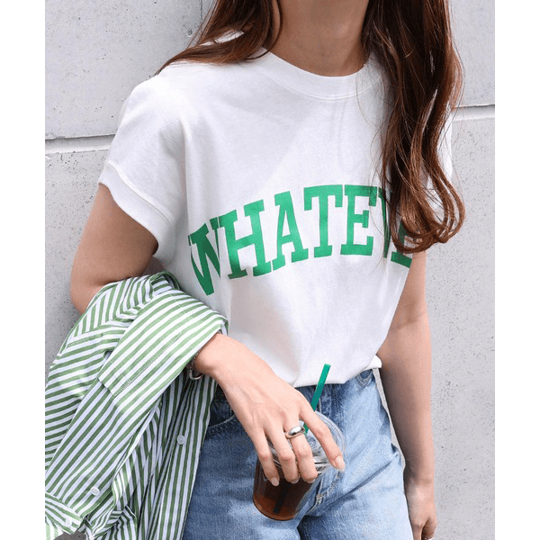 天竺棉圓弧下擺設計上衣_白底綠字