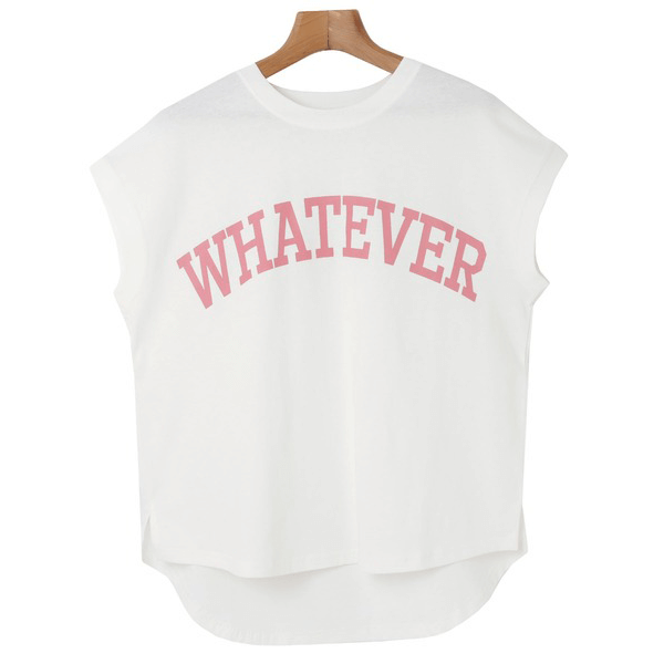 天竺棉圓弧下擺設計上衣_白底粉字