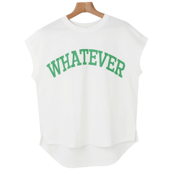 天竺棉圓弧下擺設計上衣_白底綠字